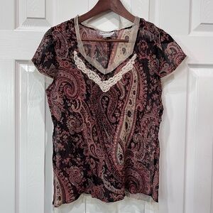 Vintage Millenium Y2K Sheer Paisley Boho Cap Sleeve Top Size L